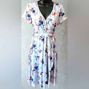 Peace & Pearls Floral Dress w/Wrap Tie